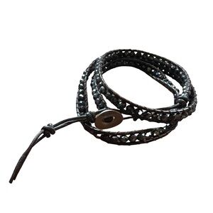 Blue/Black Gemstone Leather Wrap Bracelet